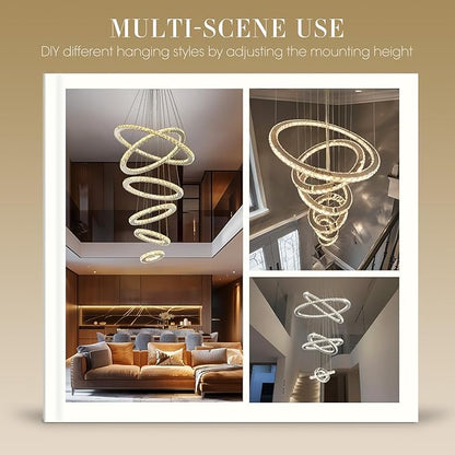 Siljoy Modern Crystal Chandelier Lighting, 6 Ring Chandelier LED Ceiling Lights Fixtures with 3-Color, High Ceiling Foyer Chandeliers for Living Room Dining Room Staircase, D8-12-16-20-24"-28"