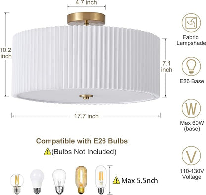 Semi Flush Mount Ceiling Light,17.7"Modern Close to Ceiling Light Fixture With White Fabric Shade, Light Fixtures Ceiling Mount Bedroom Ceiling Light for Bedroom Foyer Kitchen Living Room(Gold)