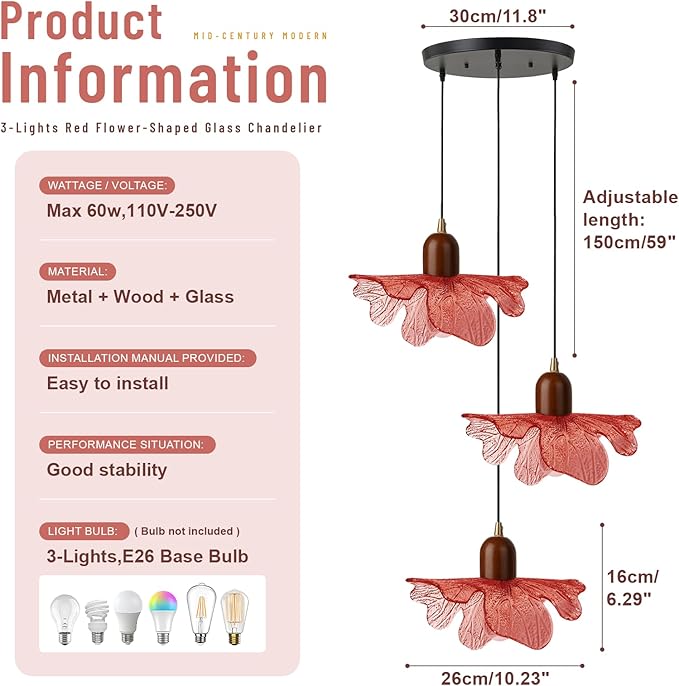 3 Light Red Glass Pendant Light Mid Century Modern Chandelier Adjustable Hanging Ceiling Light Fixture E26 Base for Bedroom Entryway Kitchen Island Dining Room