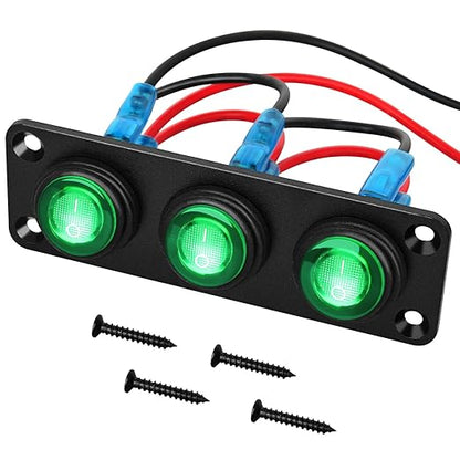 Nilight 3 Gang Rocker Switch Panel 12V Waterproof On-Off Toggle Switches with Green LED Light Three Pin for Automotive Lights Marine Boat Car Camper Truck Vehicles