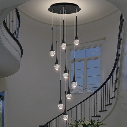 Modern Crystal Chandelier 10-Lights Black, H98.5'' High Ceiling Spiral Dimmable LED Bubble Crystal Raindrop Light Fixture for Foyer Entryway Dining Room Remote Control