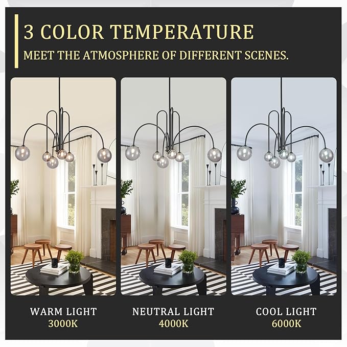 CATINER Black Chandelier Modern 6 Lights Sputnik Chandelier Large L40” Mid Century Ceiling Pendant Light Fixtures with Smoke Glass Globe Shades for Living Dining Room Foyer Bedroom