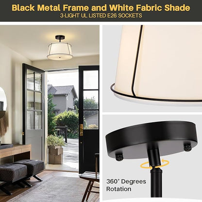 13'' Semi Flush Mount Ceiling Light Fixture, 3-Light Black Light Fixtures Ceiling Mount with White Drum Fabric Shade,Modern Close to Ceiling Light for Bedroom Dining Room Kitchen Hallway (Adjustable)