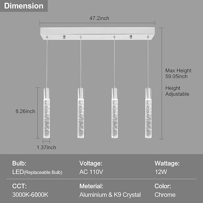 4 Light Pendant Lights Kitchen Island, Modern Chrome Crystal Pendants with Dimmable 3000K-6000K LED Ceiling Hanging Light Fixture for Dining Room Bedroom, Adjustable Height 59"
