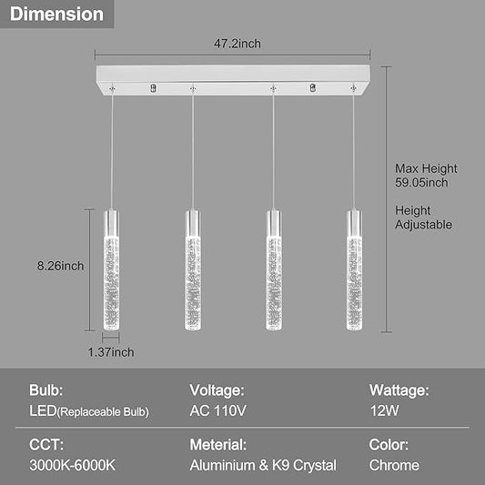 4 Light Pendant Lights Kitchen Island, Modern Chrome Crystal Pendants with Dimmable 3000K-6000K LED Ceiling Hanging Light Fixture for Dining Room Bedroom, Adjustable Height 59"
