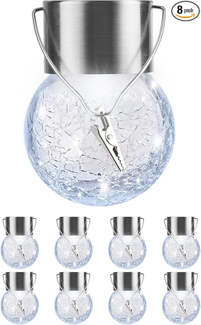 Solar Lights Outdoor Hanging Decorative Globe 8 Pack, Waterproof Solar Lantern with Handle and Clip, Solar Powered Glass Ball Lights for Garden Yard Fence Tree Umbrella Holiday Décor, Cold White
