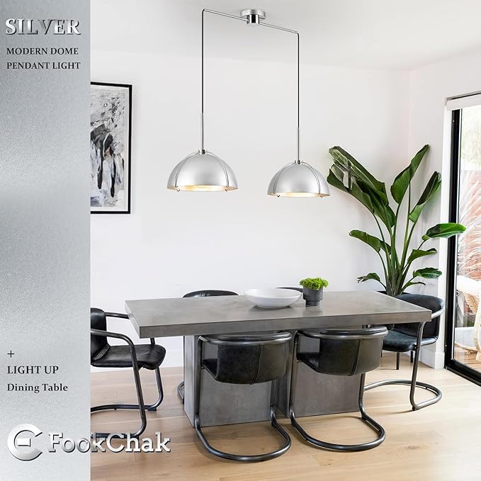 Silver Dome Pendant Light 2 Light Socket Large Pendant Light Fixture with Adjustable Pendant Cord Modern Pendant Lighting for Kitchen Island Dining Room Kitchen Sink