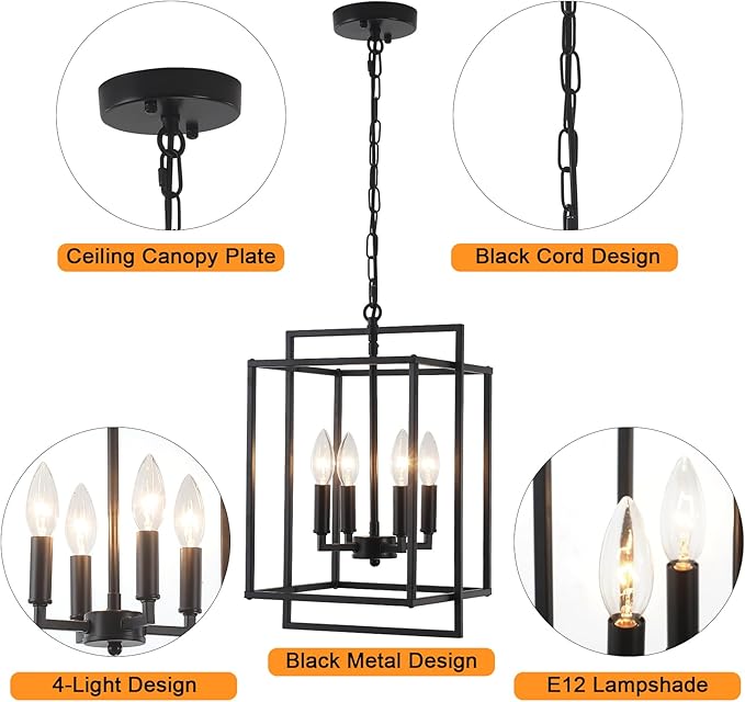 4-Light Black Farmhouse Chandelier Lantern Chandelier Light Fixture for Dining Room Kitchen Island Lighting Modern Pendant Light Fixtures for Bedroom Living Room Foyer