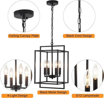 4-Light Black Farmhouse Chandelier Lantern Chandelier Light Fixture for Dining Room Kitchen Island Lighting Modern Pendant Light Fixtures for Bedroom Living Room Foyer