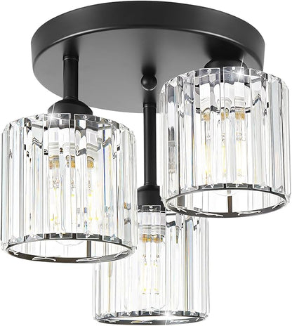 Crystal Semi Flush Mount Ceiling Light, 3-Light Modern Close to Ceiling Light Fixtures, Black Kitchen Light Fixtures with Clear Crystal Shade, Hallway Light Fixtures for Hallway Bedroom Bathroom, E26