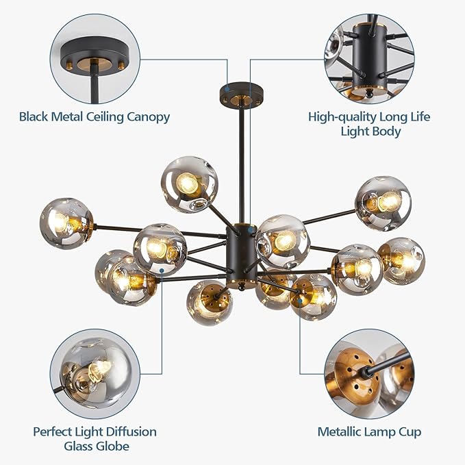 DDLLDESHI 2 Tiered Modern Gold Chandelier Sputnik Ceiling Light Fixture with 12 Globe Glass Bubble Shade Chandeliers for Dining Room Hotel Bar Home Billiard Room (41" Large Black Chandelier)