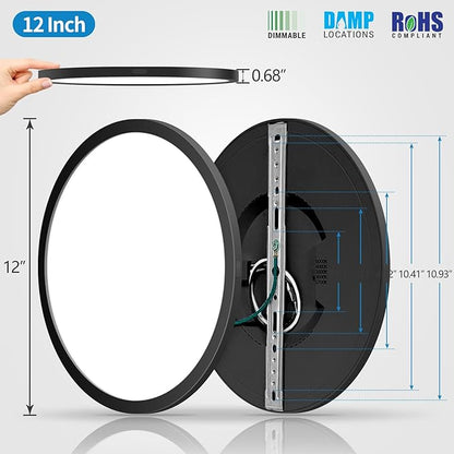 mw LED Flush Mount Ceiling Light, 12 Inch Round Black Ceiling Light, 25W 120V 5CCT, Dimmable, Close to Ceiling Light Fixtures for Bedroom, Kitchen, Hallway, Laundry