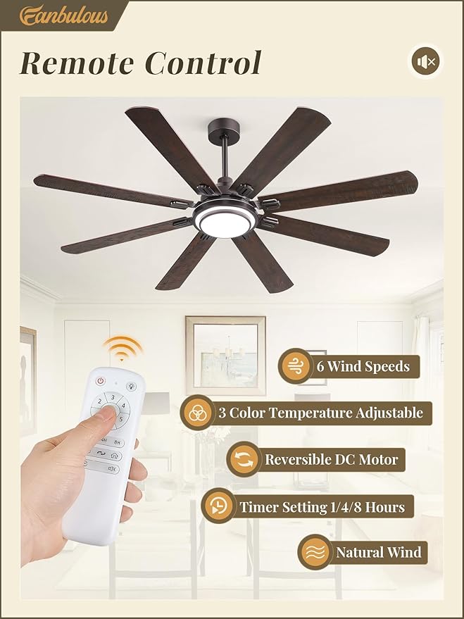 Fanbulous 65 Inch Ceiling Fans with Lights and Remote, Oil Bronze Ceiling Fan with 8 Dual-Color Blades, Indoor Large Ceiling Fans, Reversible DC Motor, 6-Speed, 3CCT for Living Porch Patio