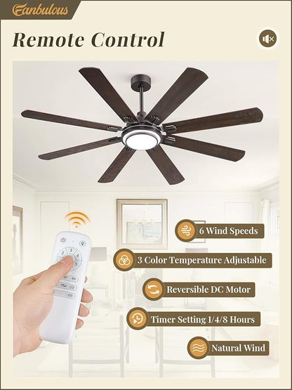 Fanbulous 65 Inch Ceiling Fans with Lights and Remote, Oil Bronze Ceiling Fan with 8 Dual-Color Blades, Indoor Large Ceiling Fans, Reversible DC Motor, 6-Speed, 3CCT for Living Porch Patio