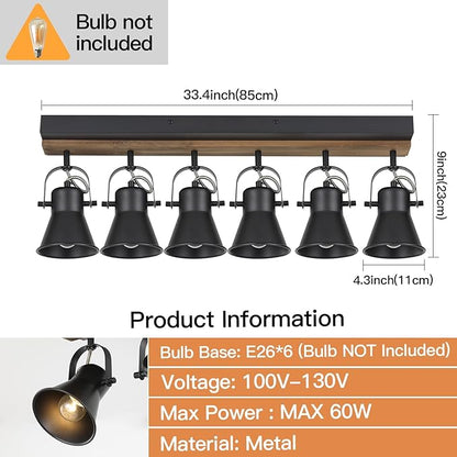 6-Light Track Light Fixtures Ceiling/Wall Mount, Adjustable Spotlight, Industrial Black Kitchen Lighting for Living Room, Dining Room, Hallway, Bathroom