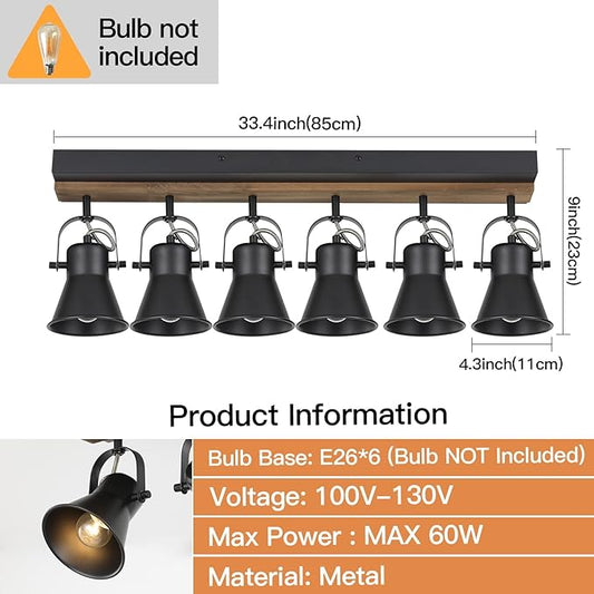 6-Light Track Light Fixtures Ceiling/Wall Mount, Adjustable Spotlight, Industrial Black Kitchen Lighting for Living Room, Dining Room, Hallway, Bathroom