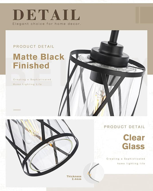Beionxii 2 Pack Glass Pendant Lights Kitchen Island, Black Modern Kitchen Pendant Lighting Over Island, Farmhouse Industrial Cage Hanging Lighting with Clear Glass for Sink, Dining Room, BX-PL07BK-2PK