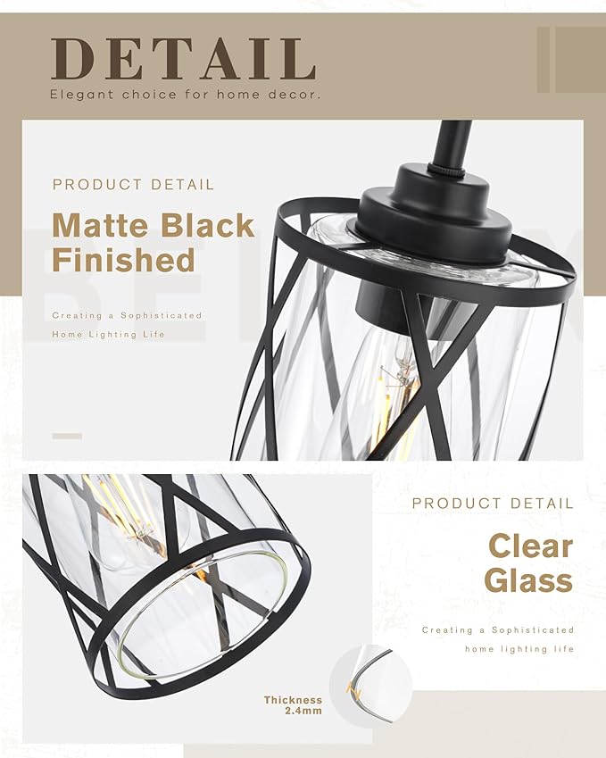 Beionxii Glass Pendant Lights Kitchen Island, Black Modern Kitchen Pendant Lighting Over Island, Farmhouse Industrial Cage Hanging Lighting with Clear Glass for Sink, Dining Room, BX-PL07BK