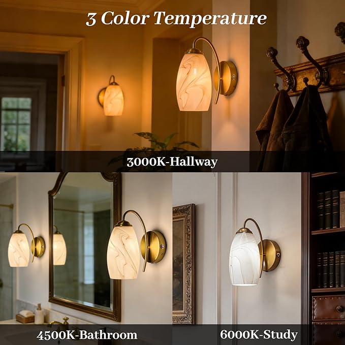 Gold Alabaster Battery Operated Wall Sconces Set of 2, Rechargeable Wireless Brass Wall Lights, Touch & Remote Control, Dimmable 3 Color Temperatures, Vintage Mount Hand-Blown Glass Sconce for Bedroom