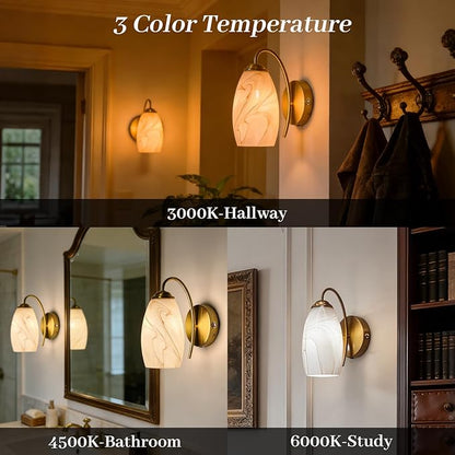 Gold Alabaster Battery Operated Wall Sconces Set of 2, Rechargeable Wireless Brass Wall Lights, Touch & Remote Control, Dimmable 3 Color Temperatures, Vintage Mount Hand-Blown Glass Sconce for Bedroom