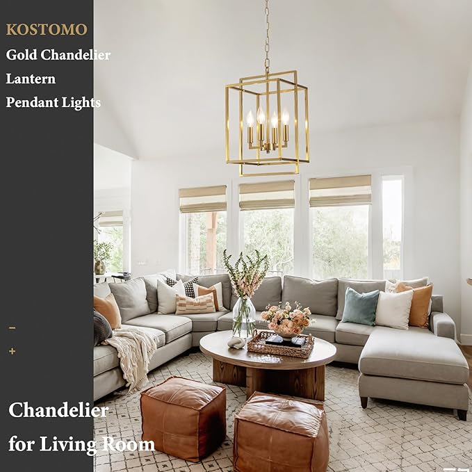 4-Light Gold Lantern Chandelier, Rustic Farmhouse Rectangle Pendant Light, Adjustable Height Modern Dining Room Light Fixture for Kitchen Island Living Room Entryway Foyer 10.8Inch