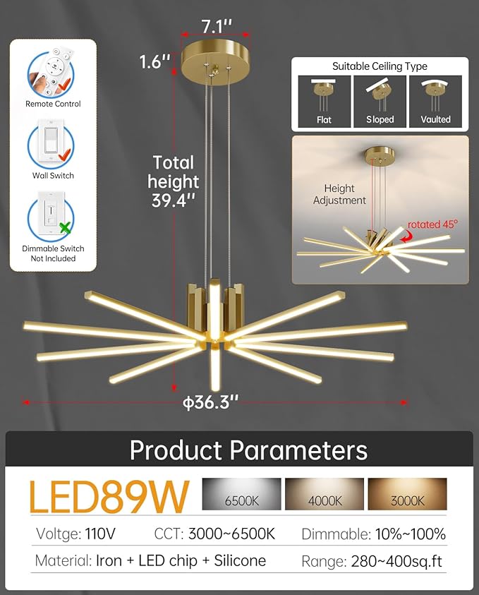 Modern Led Chandelier, Dimmable Sputnik Light Fixture with Remote Control, Modern Pendant Light for Dining Room Kitchen Living Room Entryway, 3000K-6500K (Copper)