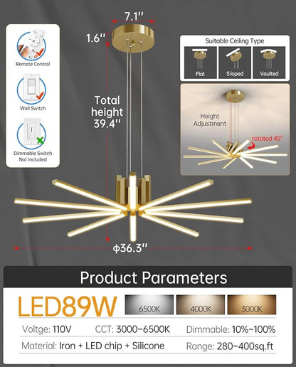 Modern Led Chandelier, Dimmable Sputnik Light Fixture with Remote Control, Modern Pendant Light for Dining Room Kitchen Living Room Entryway, 3000K-6500K (Copper)