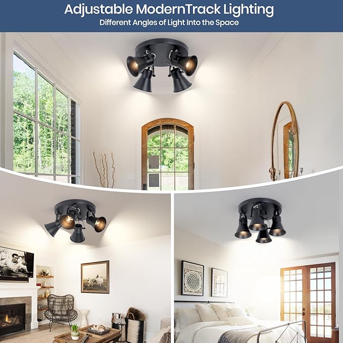 4-Light Kitchen Lighting Fixtures Ceiling, Adjustable Track Lighting Fixtures, Morden Black Directional Ceiling Light for Kitchen, Bathroom, Hallway, Dining Room, Coffee Bar.