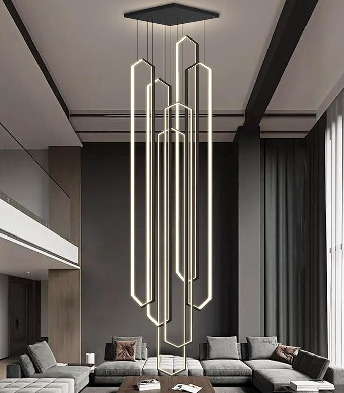6 Rings Large Chandelier for Staircase Modern High Ceiling Chandelier LED Dimmable Chandeliers for Foyer Staircase Enterway Living Room Villa Black
