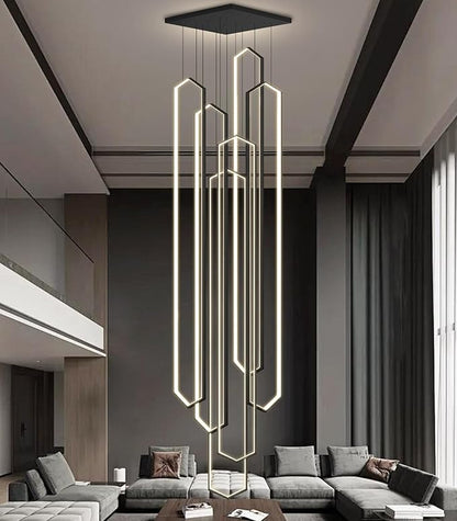 6 Rings Large Chandelier for Staircase Modern High Ceiling Chandelier LED Dimmable Chandeliers for Foyer Staircase Enterway Living Room Villa Black