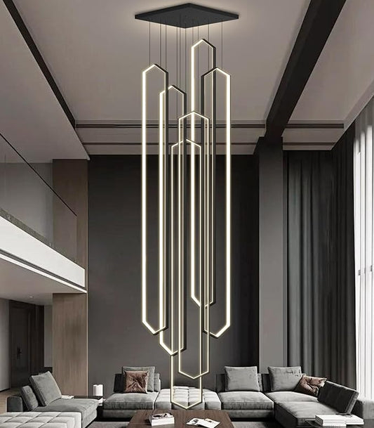 6 Rings Large Chandelier for Staircase Modern High Ceiling Chandelier LED Dimmable Chandeliers for Foyer Staircase Enterway Living Room Villa Black