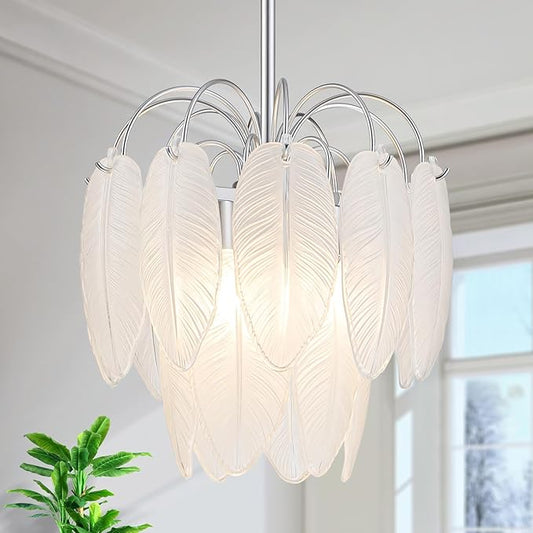 LumFurn D12 inch Glass Chandeliers, 3-Light Modern Pendant Light Fixture for Dining Room, Living Room, D12x18~47 in(Adjustable Height), White Frosted Glass Feather Shade & Silver Finish Frame