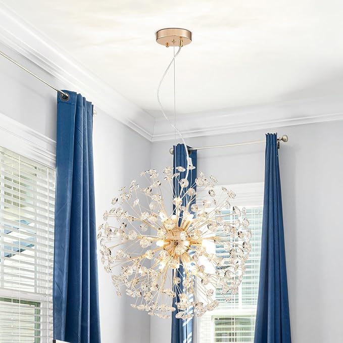AGV LIGHTING Modern Crystal Chandelier Sputnik Dandelion Pendant Light Fixture, 8-Light Gold Chandelier for Dining Room Living Room Bedroom Foyer