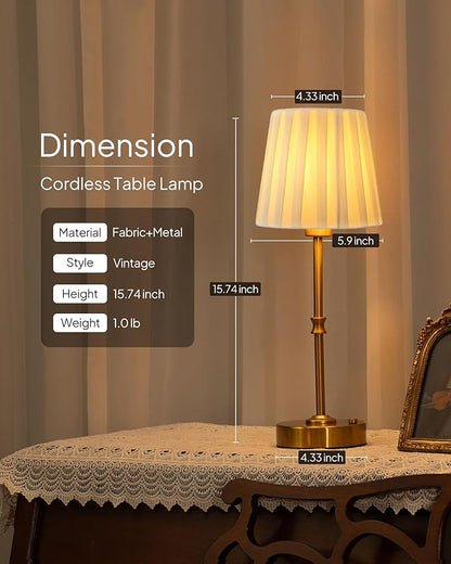 EppieBasic Cordless Table Lamp Rechargeable: Fast Charging & Long Lasting - 2700K Warm Light Small Vintage Gold Lamps -Bedside Dinning Living Room Bedroom - Pleated Shade