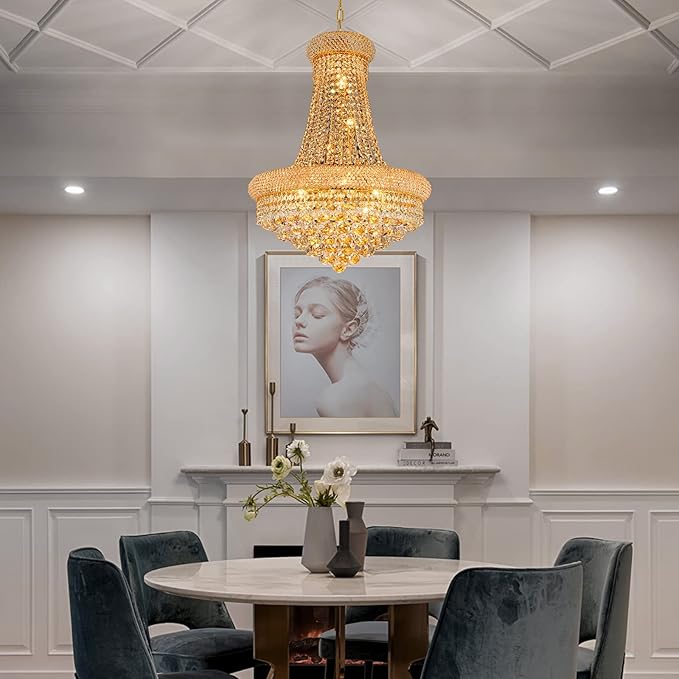 Crystal Chandeliers for Dining Room Light Fixture,Empire Style K9 Crystal Chandeliers for Entryway,12 Lights Gold Luxury Lighting Fixtures for Living Room Stairway Bedroom Foyer D22 Inch