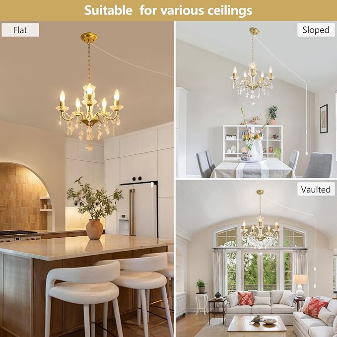 Plug in Modern 5-Light Gold Chandelier with Glass Crystals, Candle Style Pendant Light Fixtures for Living Room, Girls Room, Kitchen Island, Entryway