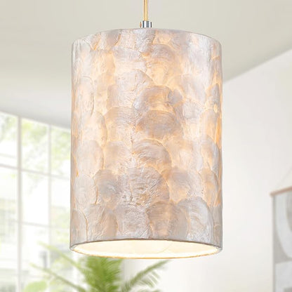 LumFurn D7 inch Capiz Shell Chandelier, 1-Light Coastal Design Pendant Light Fixture for Dining Room, Kitchen Island, D7 x H18~66 in(Adjustable Height), Shell Lampshade & Chrome Finish Frame