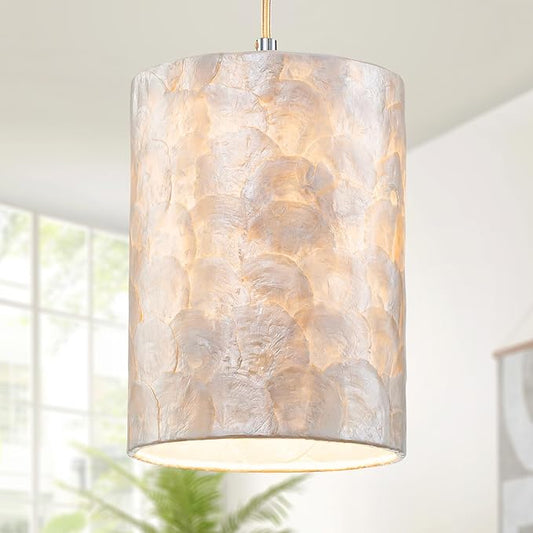 LumFurn D7 inch Capiz Shell Chandelier, 1-Light Coastal Design Pendant Light Fixture for Dining Room, Kitchen Island, D7 x H18~66 in(Adjustable Height), Shell Lampshade & Chrome Finish Frame