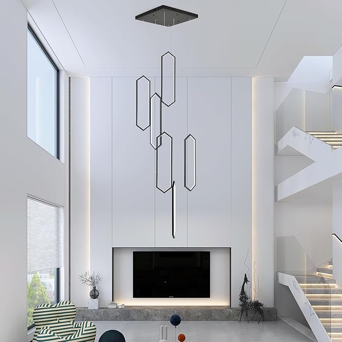 GEADI Foyer Chandeliers for High Ceilings,6-Light Modern Dimmable Led High Ceiling Chandelier with Remote Control,Black Large Chandelier Staircase Pendant Light Fixture for Entryway(3000-6500K)