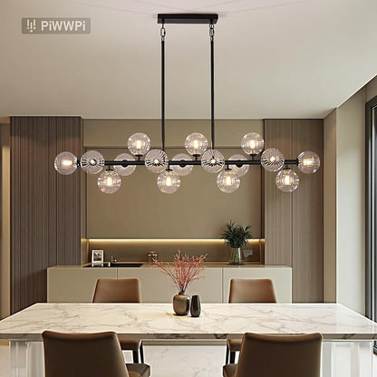 Large Linear Chandeliers for Dining Room Kitchen Island, 55" Long Light Fixture Over Table, 16-Light Modern Glass Globe Sputnik Farmhouse Chandelier, Black and Clear Bubble, GC-08