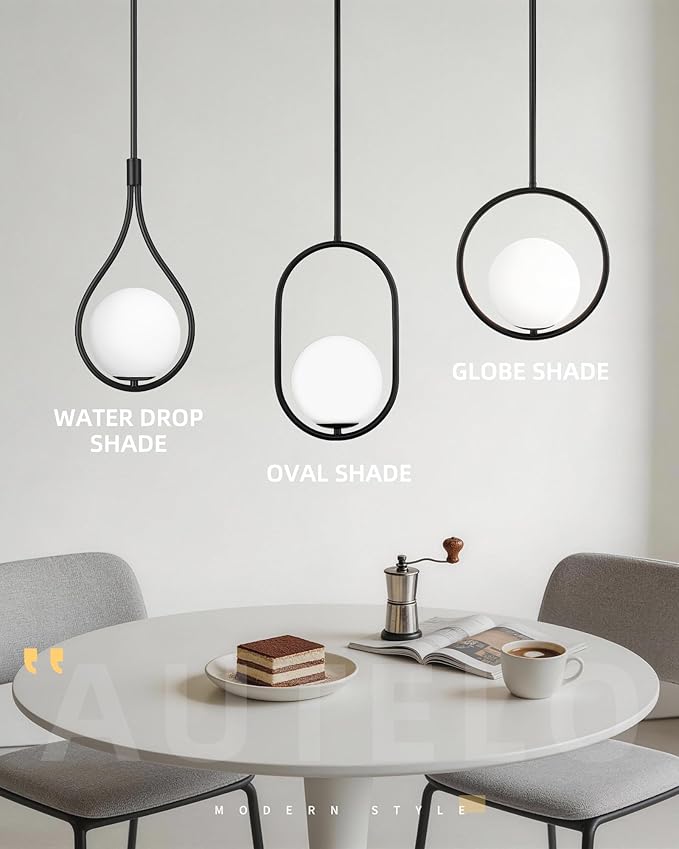 AUTELO 2 Pack Pendant Lights Kitchen Island, Modern Pendant Lights in Black Finish with Milky White Globe Glass, Black Pendant Light Fixtures, 1-Light Hanging Lamp for Kitchen Island H9377 MGBK-2PK