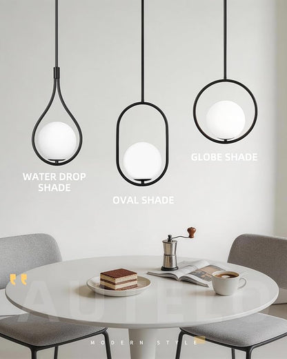 AUTELO Matte Black 1 Light Pendant Lights Kitchen Island, Mid Century Modern Light Fixtures with Milky White Globe Glass, Black Hanging Lamp for Kitchen Island H9376 MGBK