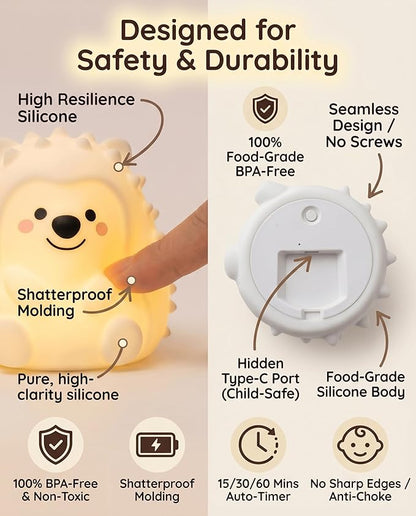 Hedgehog Night Light for Kids, 15/30/60m Timer Squishy Silicone Baby Lamp, Remote & Touch 8-Color BPA-Free Rechargeable Nursery Light for Breastfeeding Bedside Sleep Buddy Decor Gift