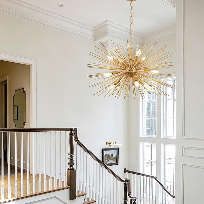 29" Modern Sputnik Chandelier 9-Lights Mid Century Modern Starburst Golden Chandelier Luxury Gold Solid Metal Sputnik Satellite Chandeliers for Dining Room, Kitchen Island, Bedroom