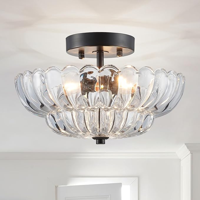 XINGQI 11.8" Semi Flush Mount Ceiling Light Fixture Modern Black 3-Light Scalloped Glass Close to Ceiling Lighting for Living Room Entryway Bedroom Closet Hallway (Bulb Not Included)