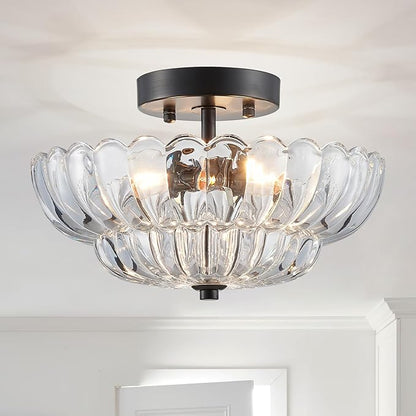 XINGQI 11.8" Semi Flush Mount Ceiling Light Fixture Modern Black 3-Light Scalloped Glass Close to Ceiling Lighting for Living Room Entryway Bedroom Closet Hallway (Bulb Not Included)