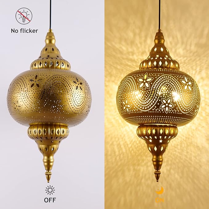 Moroccan Pendant Light - Turkish Gold Vintage Chandelier - Iron Porous Arabic Wall Light - Plug-in Ceiling Hanging Light for Kitchen Island, Restaurant, Hallway, Foyer