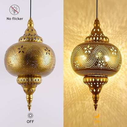 Moroccan Pendant Light - Turkish Gold Vintage Chandelier - Iron Porous Arabic Wall Light - Plug-in Ceiling Hanging Light for Kitchen Island, Restaurant, Hallway, Foyer