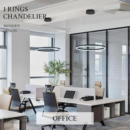 Modern LED Pendant Lighting 24'' Ring Chandelier Black Dimmable LED Chandelier for Dining Room 36W Adjustable Pendant Light Fixture for Living Room Bedroom Home Office Foyer, 3000-6500K