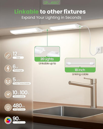 ALUSSO 12 Inch LED Under Cabinet Lighting Plug in 120V, 5CCT Color Selectable 2700K-5000K Dimmable 6W 480LM High Brightness, CRI 90+ Strip Linkable Under Counter Lights for Kitchen Sink, 1 Pack